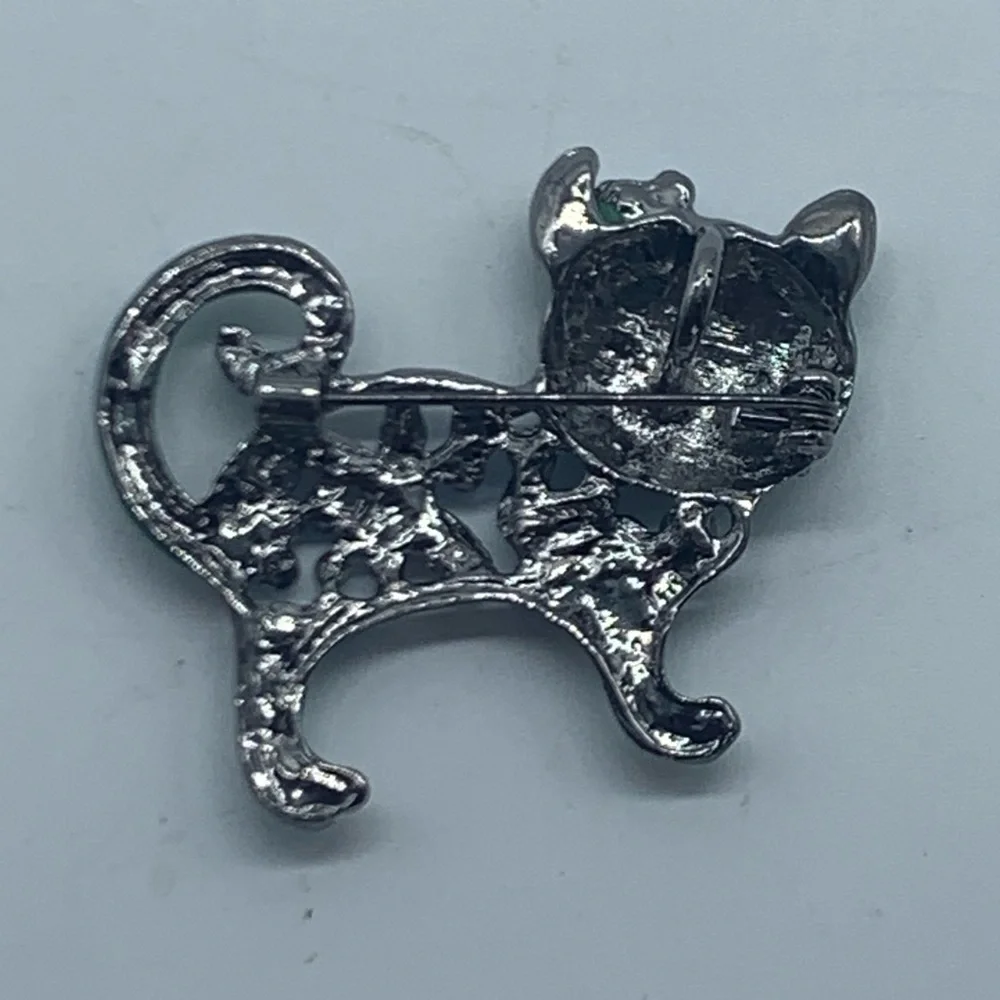 NEW green with blue crystals & flowers cat brooch - Picture 9 of 16